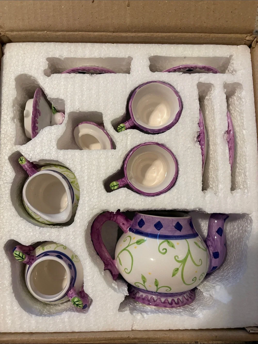 Child’s Hand-Painted Floral Mini Tea Set - Purple & Green